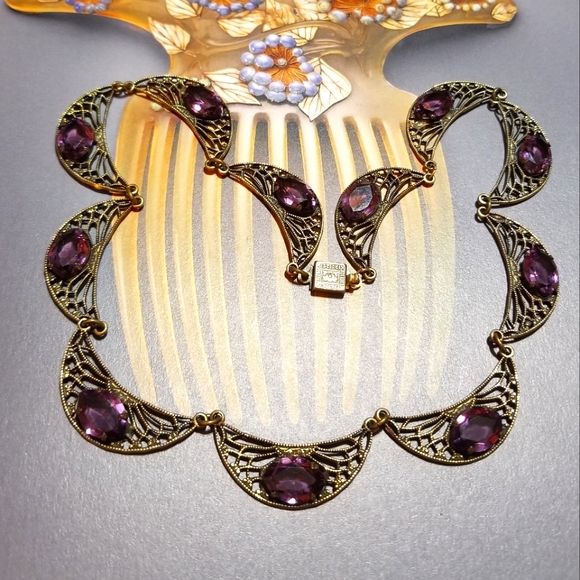 Antique Art Deco Filigree Purple Paste Stone Necklace - Picture 8 of 8